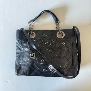 Brighton Black Leather Studded Flower Satchel Bag E603635